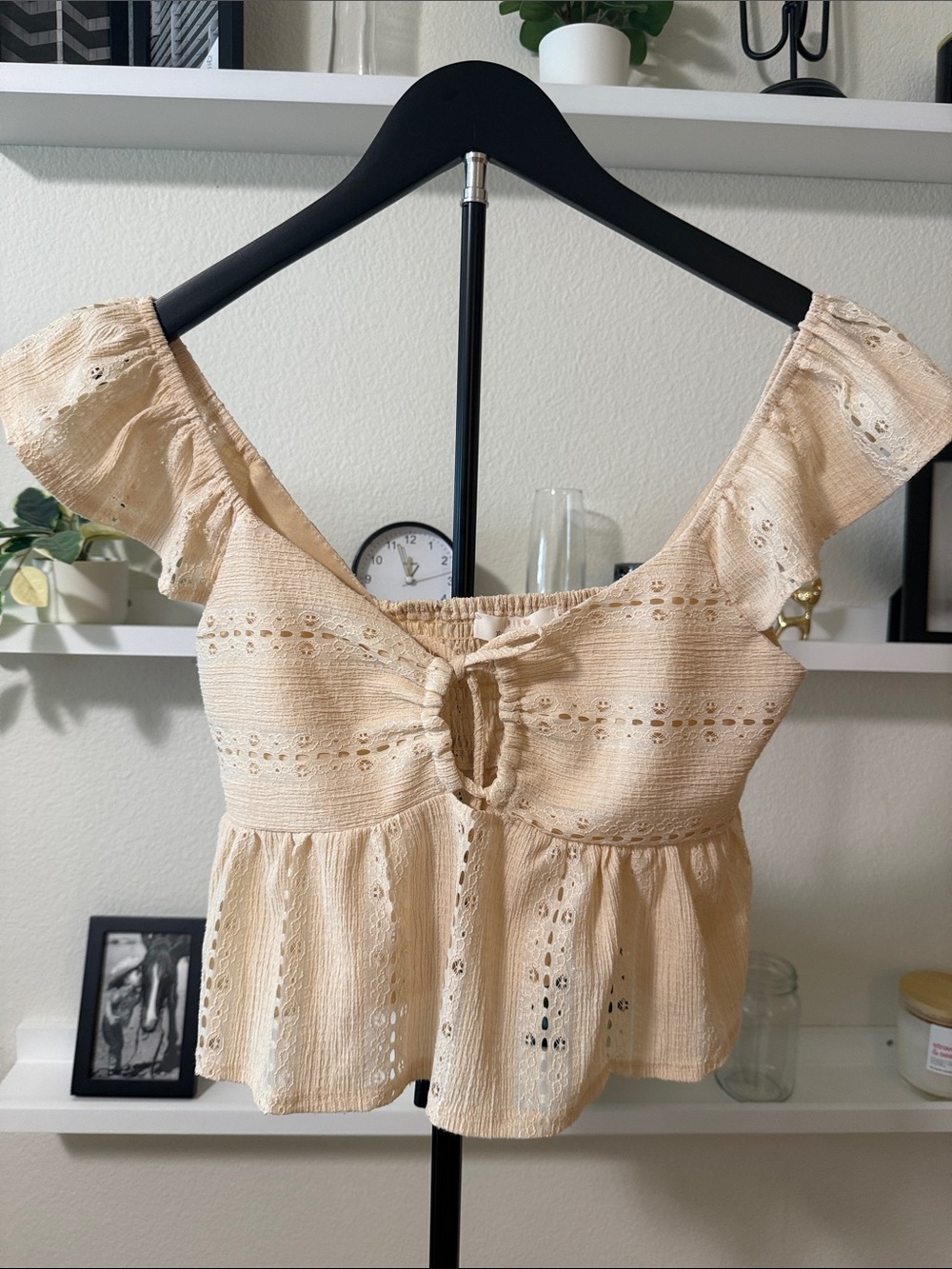 URBAN Romantics Cream Eyelet Tie-Front Peplum Crop Top